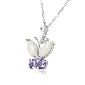 14K. GOLD BUTTERFLY NECKLACE WITH OPALS & TANZANITES (White Gold)